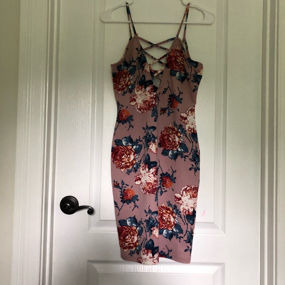 Floral Bodycon Dress Mauve Pink Red Rose Lattice V-Neck Waffle Knit Sleeveless M